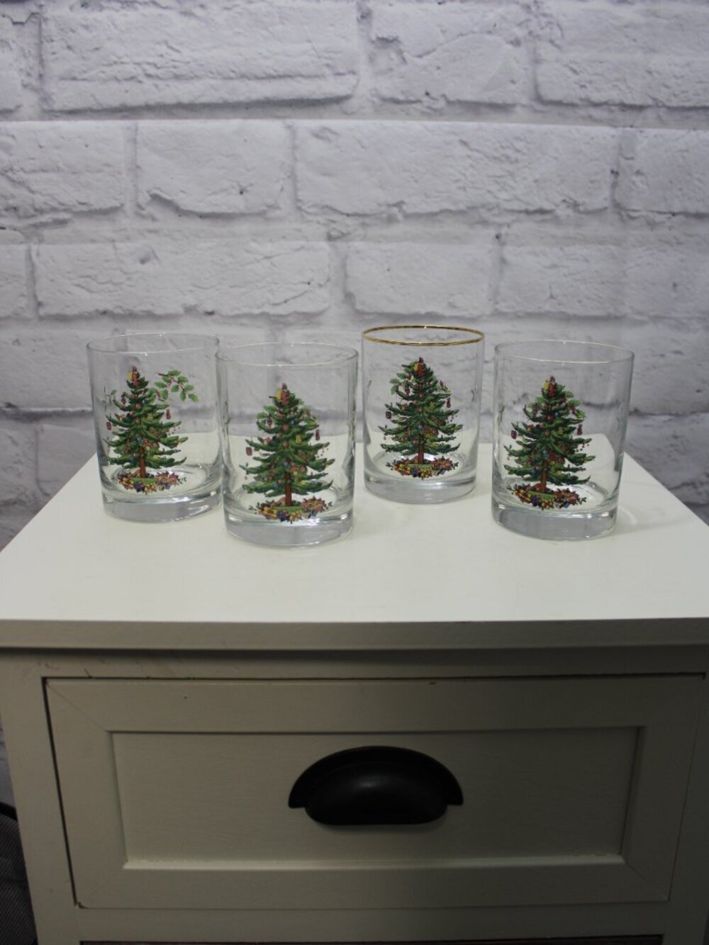 Spode Christmas Tree Double Old Fashioned Glasses Gold Rimmed Set of 4 Holiday